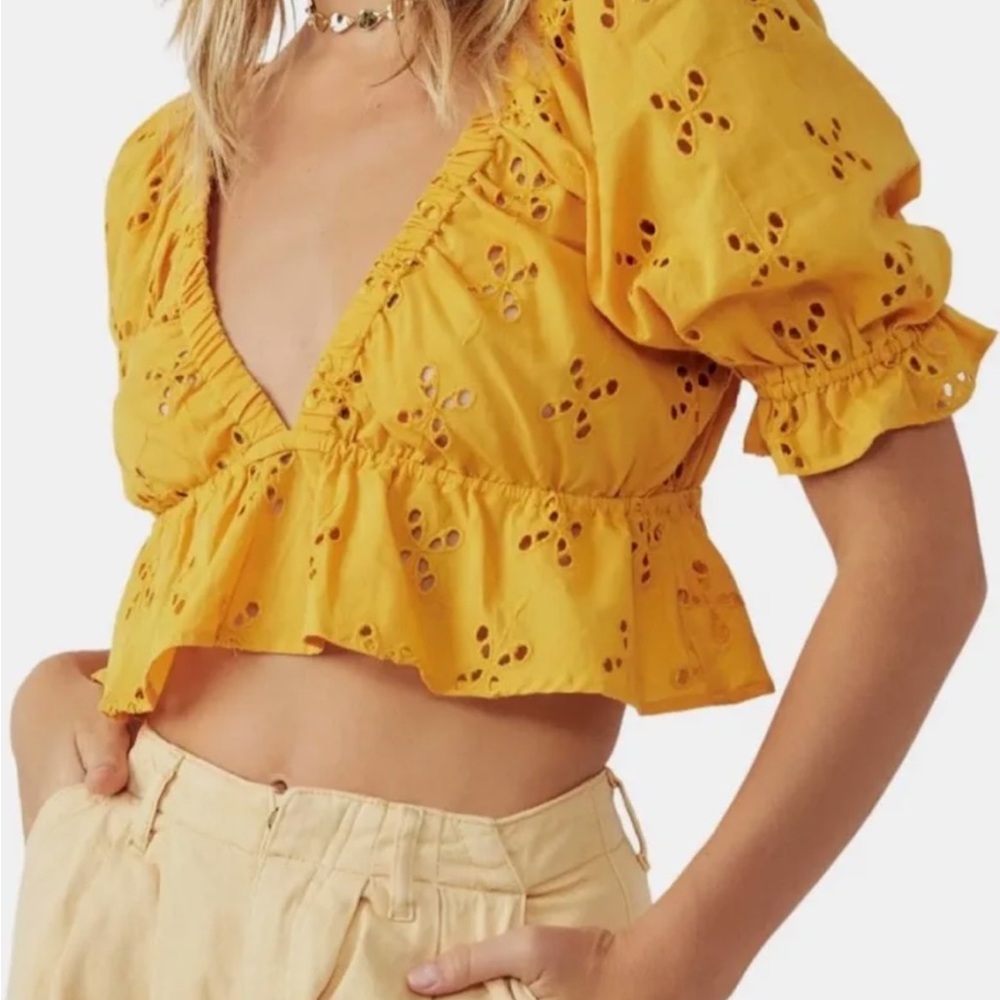 Free people gardenia eyelet crop top mustard size L